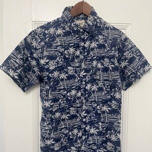 COASTAL Tropical Palm Trees Blue white short sleeve Cotton Shirt Size Medium